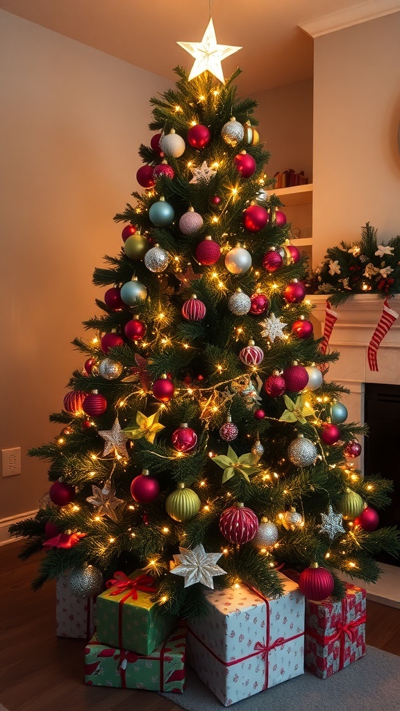 A festive Christmas tree with colorful ornaments and lights in a cozy living room.